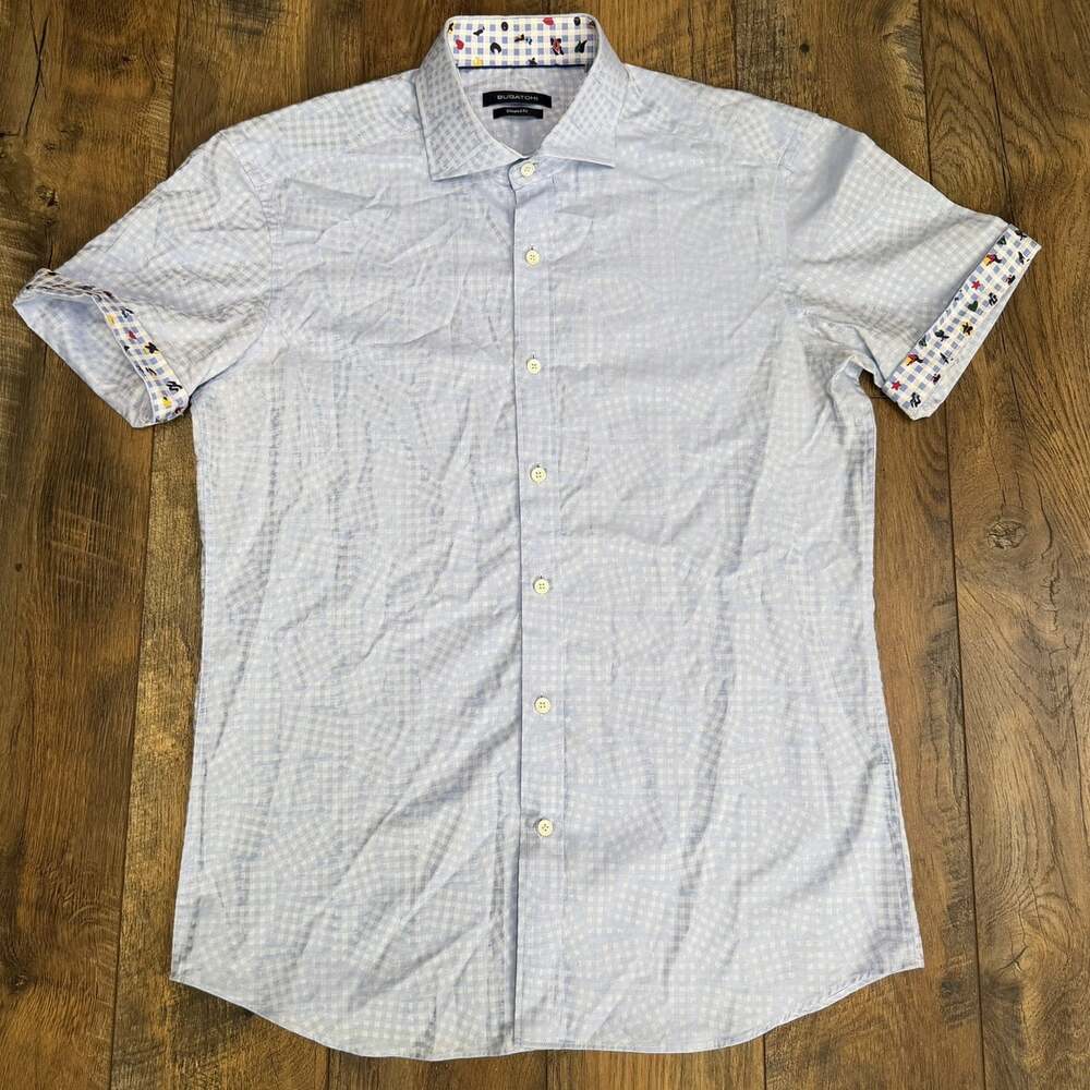 Bugatchi Men’s M Shaped Fit Short Sleeve Button Shirt Blue Check 100% Cotton